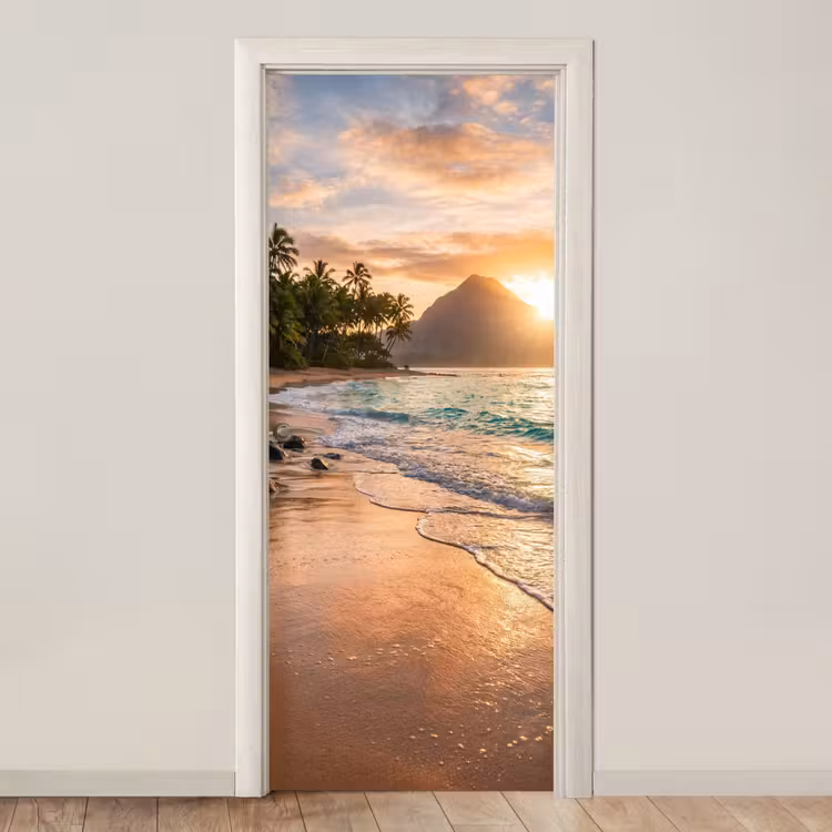 Zee - Berg - Landschap - Tropisch - Goud deurposter klein -3d_beige
