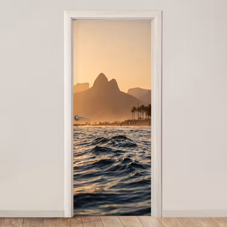 Zee - Golven - Zonsondergang - Kust - Goud deurposter klein -3d_beige