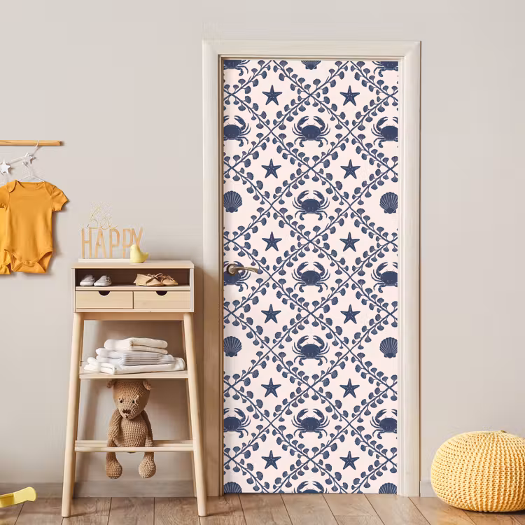 Zee - Krab - Zeester - Patroon - Blauw deurposter klein -sfeer4