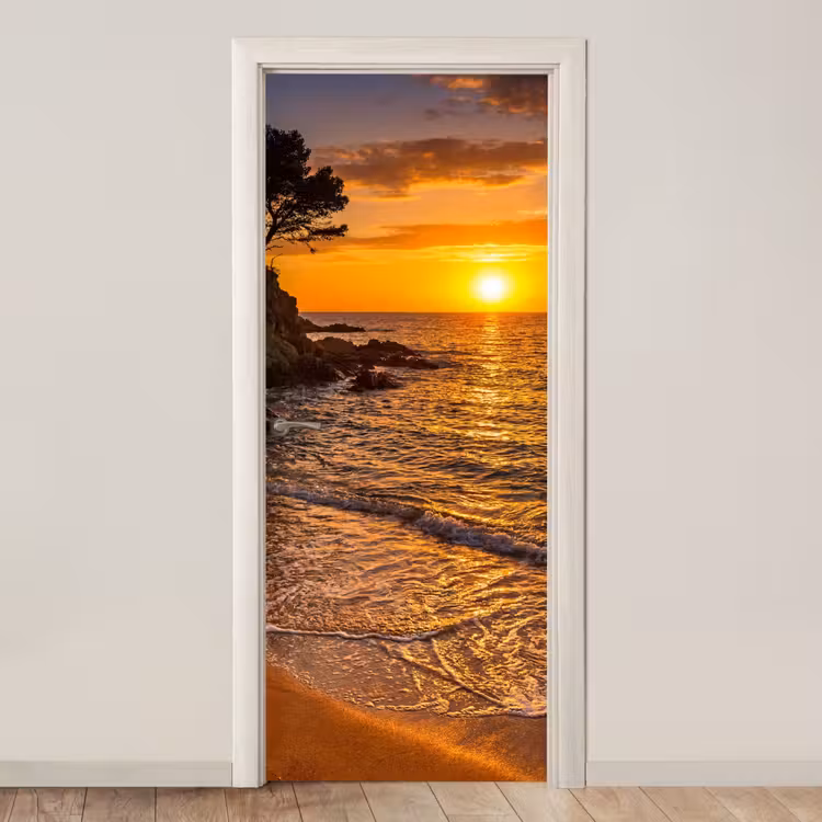 Zee - Kust - Zonsondergang - Natuur - Oranje deurposter klein -3d_beige