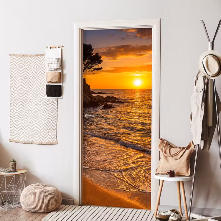 Zee - Kust - Zonsondergang - Natuur - Oranje deurposter klein -sfeer6