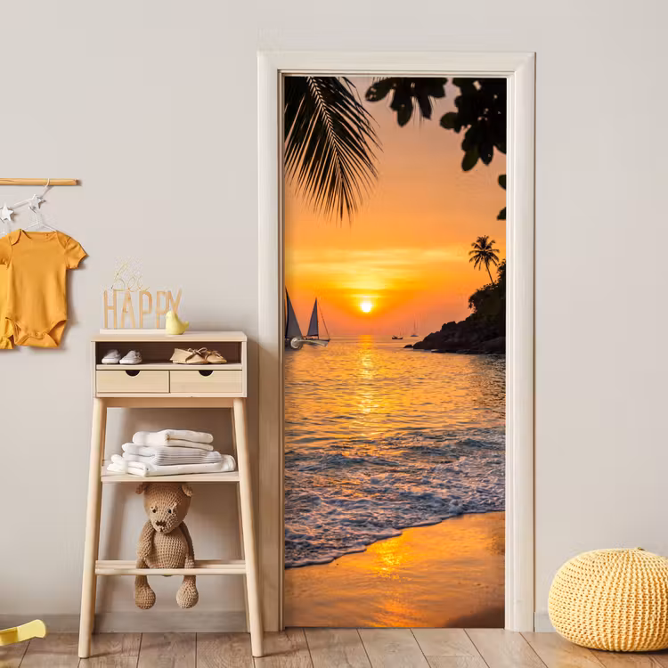 Zee - Zonsondergang - Boot - Natuur - Oranje deurposter klein -sfeer4