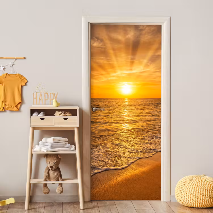 Zee - Zonsondergang - Golven - Kust - Oranje deurposter klein -sfeer4