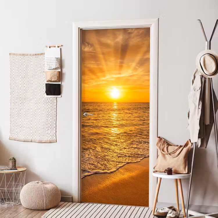 Zee - Zonsondergang - Golven - Kust - Oranje deurposter klein -sfeer6