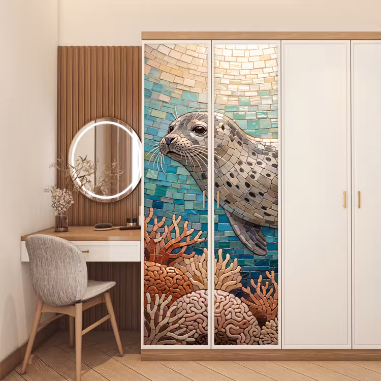 Zeehond - Mozaïek - Onderwater - Dieren - Blauw deurposter klein -sfeer3
