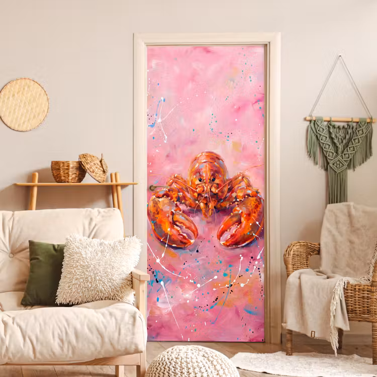 Zeeleven - Kreeft - Spatters - Abstract - Roze deurposter klein -sfeer2