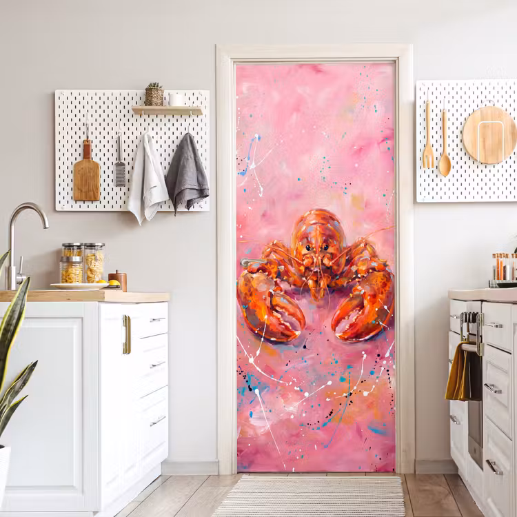 Zeeleven - Kreeft - Spatters - Abstract - Roze deurposter klein -sfeer5