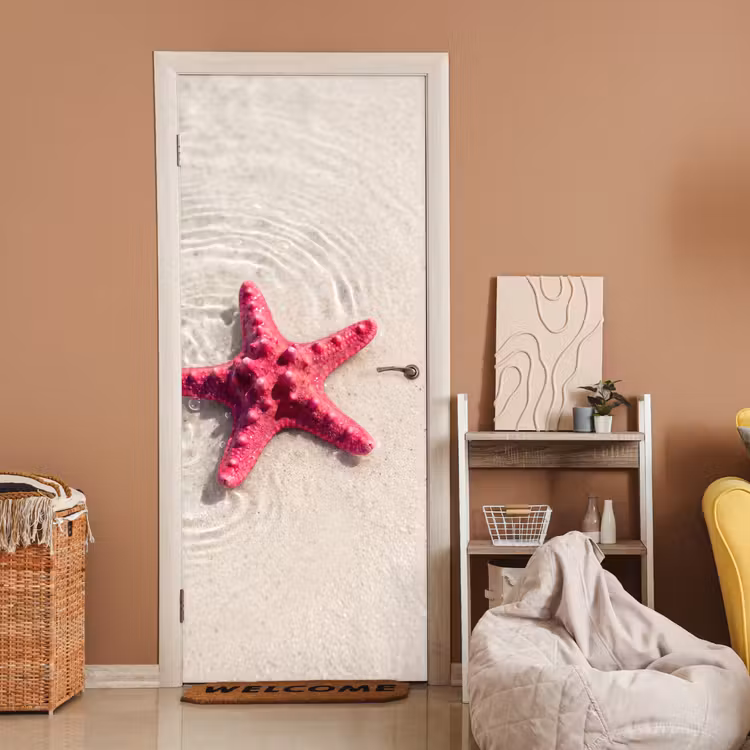 Zeeleven - Zeester - Strand - Roze - Water deurposter klein -sfeer1