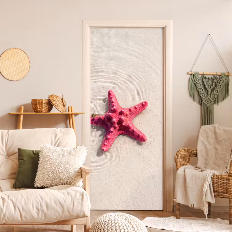 Zeeleven - Zeester - Strand - Roze - Water deurposter klein -sfeer2