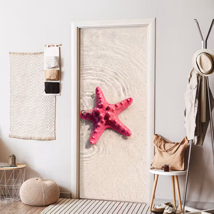 Zeeleven - Zeester - Strand - Roze - Water deurposter klein -sfeer6