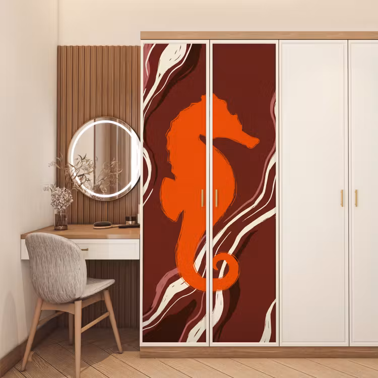 Zeepaardje - Golven - Zeeleven - Abstract - Oranje deurposter klein -sfeer3