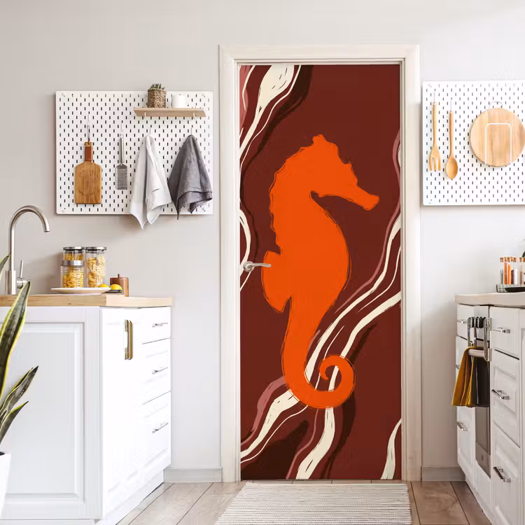 Zeepaardje - Golven - Zeeleven - Abstract - Oranje deurposter klein -sfeer5