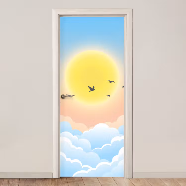Zon - Vogels - Lucht - Natuur - Geel deurposter klein -3d_beige