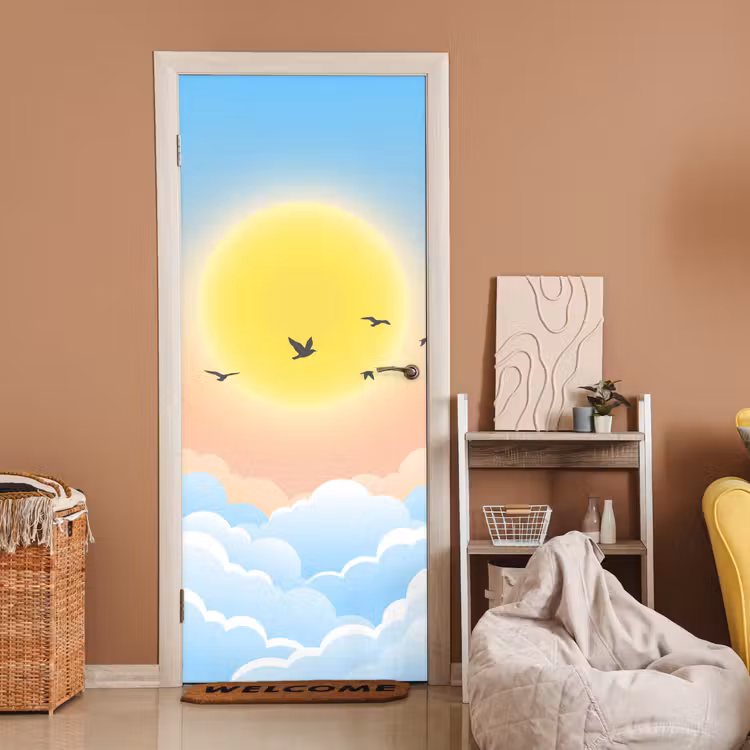 Zon - Vogels - Lucht - Natuur - Geel deurposter klein -sfeer1