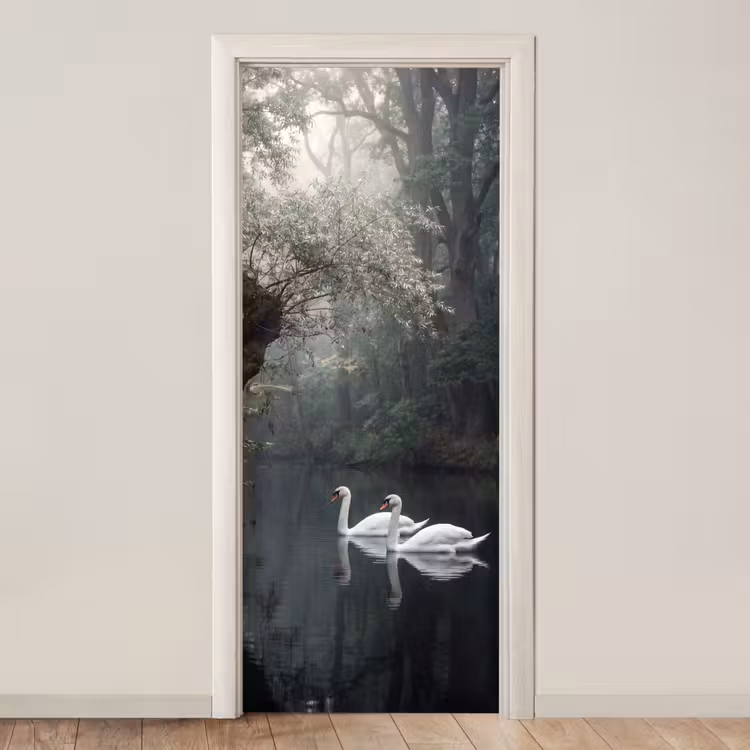 Zwanen - Rivier - Bos deurposter klein -3d_beige