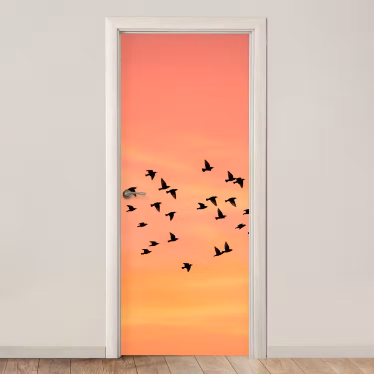 Zwerm - Vogels - Oranje deurposter klein -3d_beige