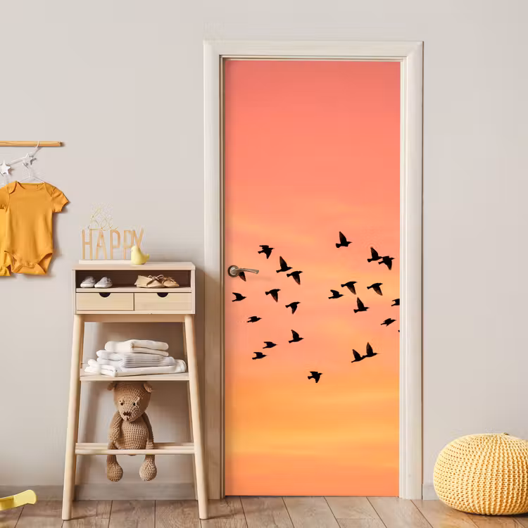 Zwerm - Vogels - Oranje deurposter klein -sfeer4