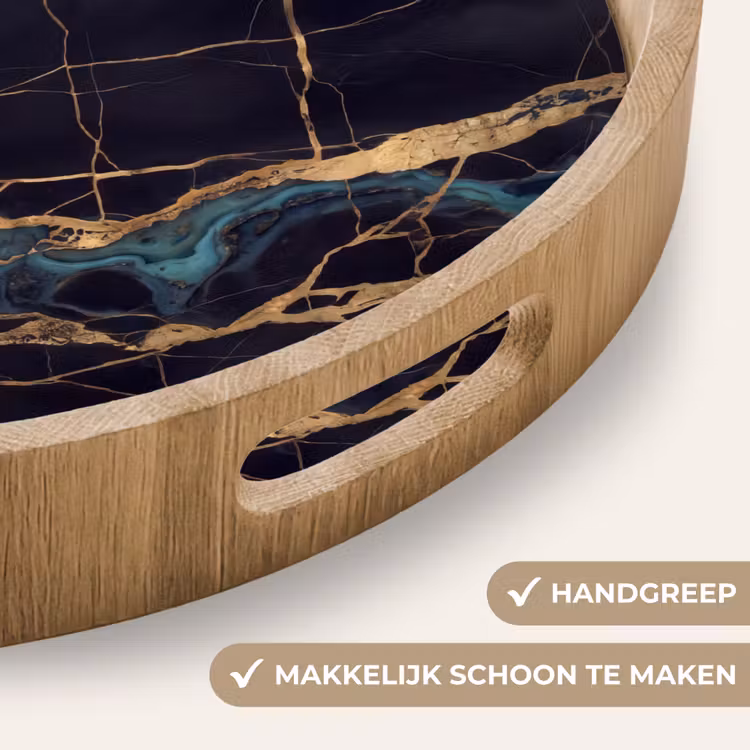 Abstract - Gouden lijnen - Kunst - Modern - Zwart Dienblad Rond middel -USP_HandgreepNL