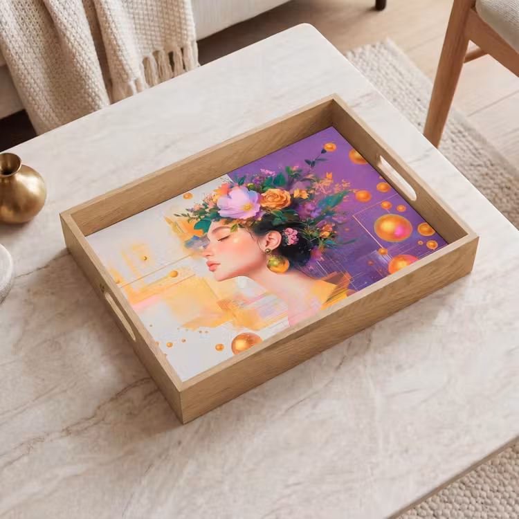 Abstract - Vrouw - Bloemenkroon - Goud Dienblad Rechthoek middel -sfeer1