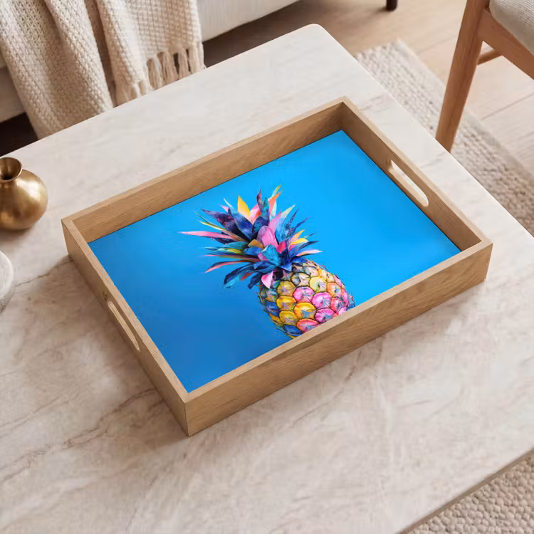 Ananas - Blauw - Tropisch - Vrolijk Dienblad Rechthoek middel -sfeer1