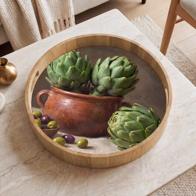 Dienblad - Artisjokken - Olijven - Eten - Artisjokken - Olijven - Eten Dienblad Rond middel