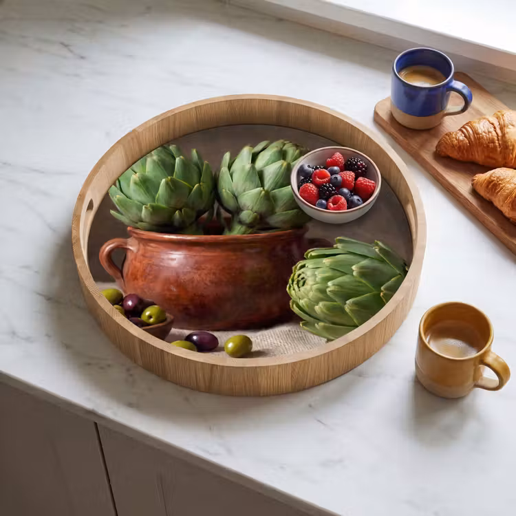 Dienblad - Artisjokken - Olijven - Eten - Artisjokken - Olijven - Eten Dienblad Rond middel