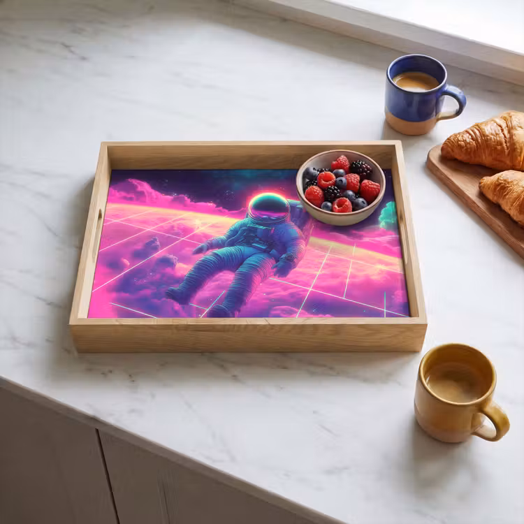 Astronaut - Neon - Roze - Wolken Dienblad Rechthoek middel -sfeer2
