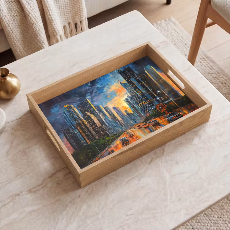Auto - Skyline - Zon - Blauw Dienblad Rechthoek middel -sfeer1
