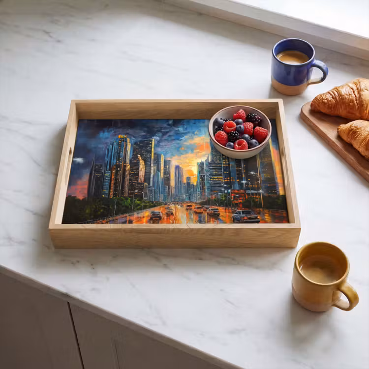 Auto - Skyline - Zon - Blauw Dienblad Rechthoek middel -sfeer2