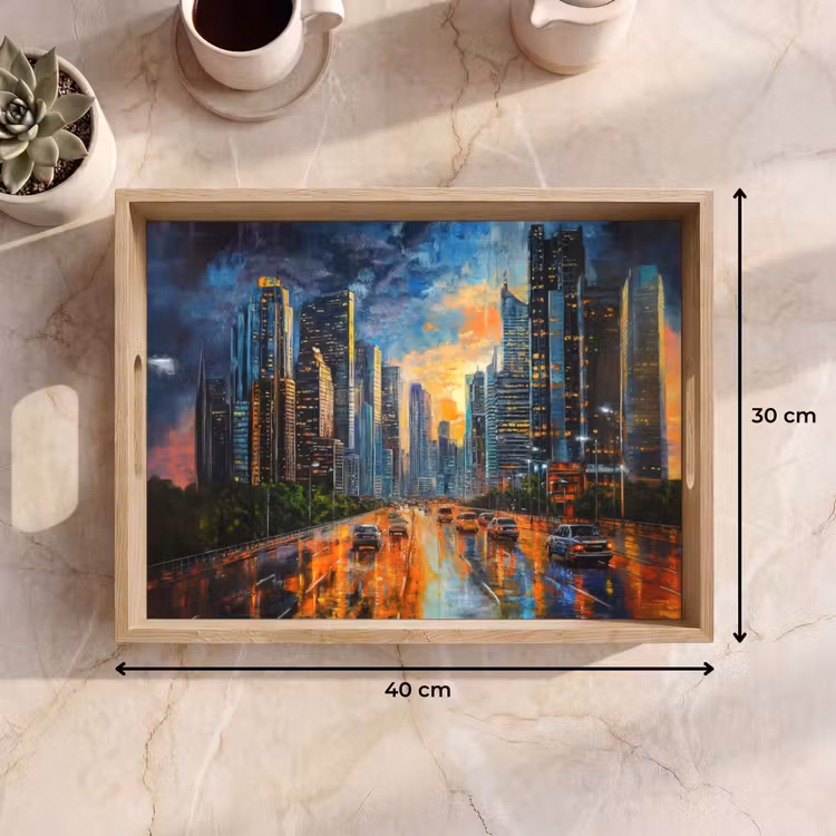 Auto - Skyline - Zon - Blauw Dienblad Rechthoek middel -USP_Formaat