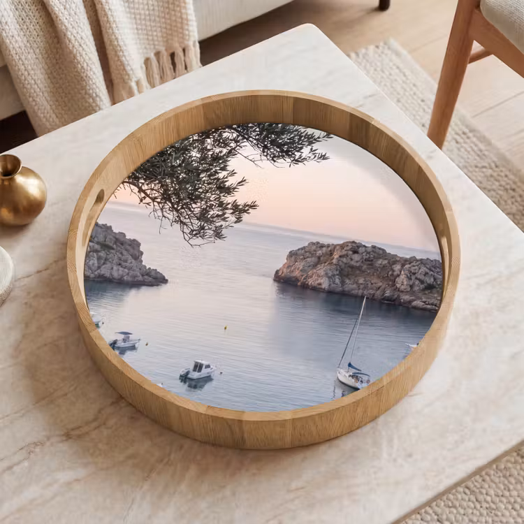 Dienblad - Baai - boten - zonsondergang - Baai - boten - zonsondergang Dienblad Rond middel