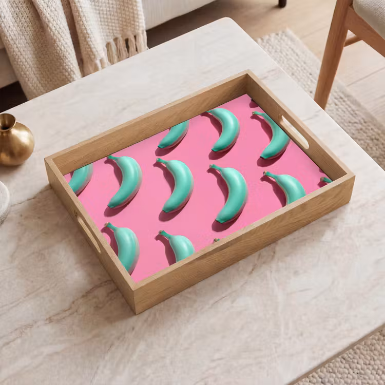Bananen - Patroon - Blauw - Roze Dienblad Rechthoek middel -sfeer1