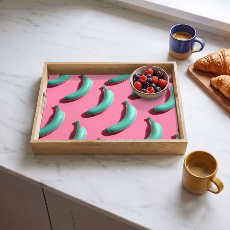 Bananen - Patroon - Blauw - Roze Dienblad Rechthoek middel -sfeer2