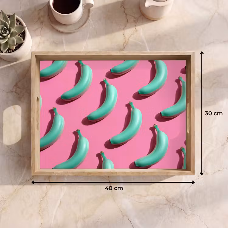 Bananen - Patroon - Blauw - Roze Dienblad Rechthoek middel -USP_Formaat