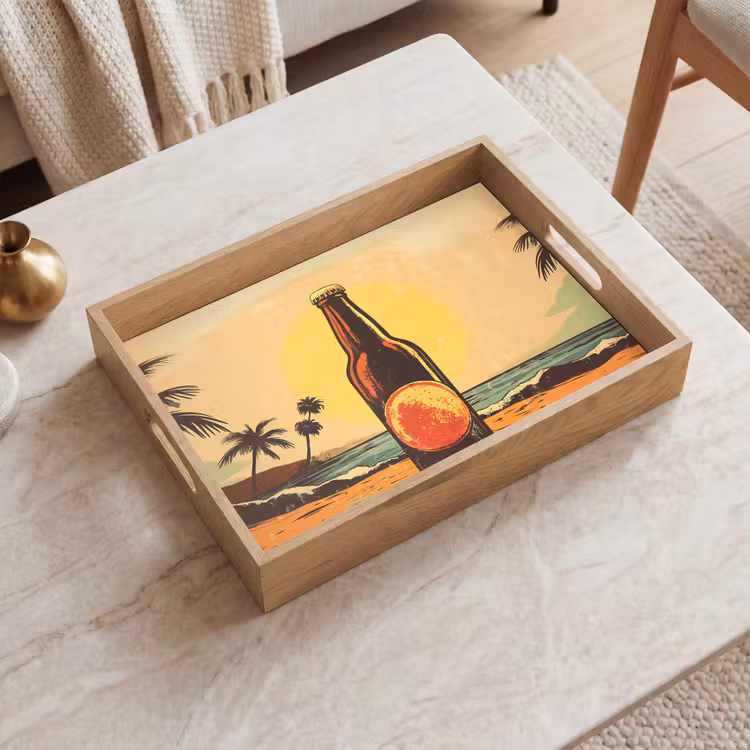 Bierfles - Zonsondergang - Palmbomen - Zee Dienblad Rechthoek middel -sfeer1