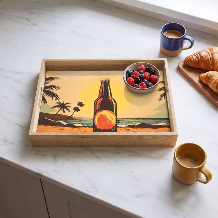 Bierfles - Zonsondergang - Palmbomen - Zee Dienblad Rechthoek middel -sfeer2