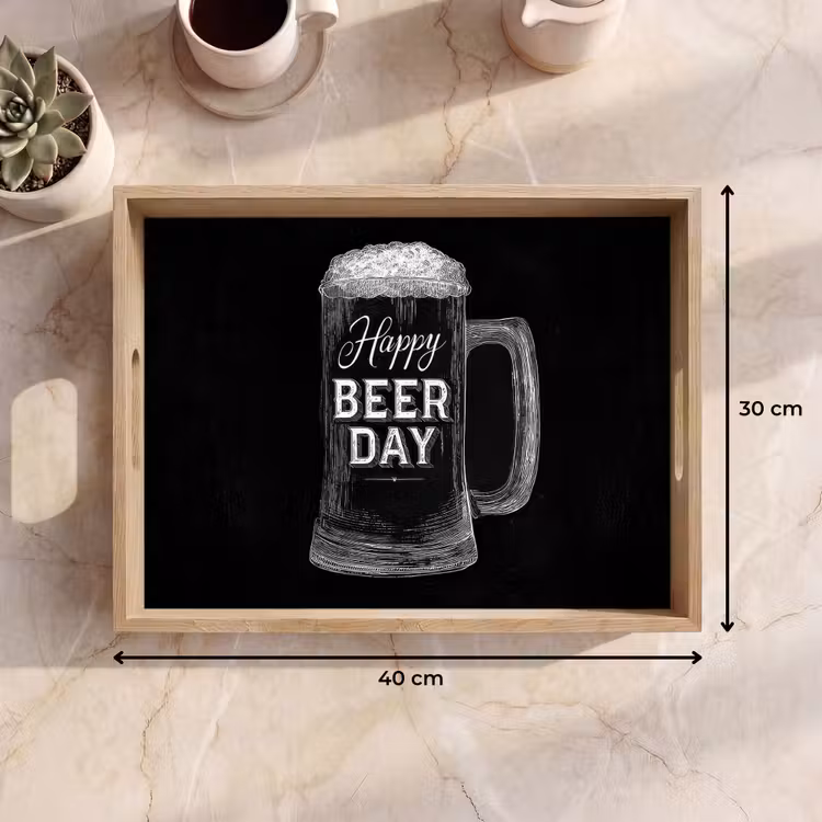 Bierpul - Witte krijtletters - Happy beer day Dienblad Rechthoek middel -USP_Formaat