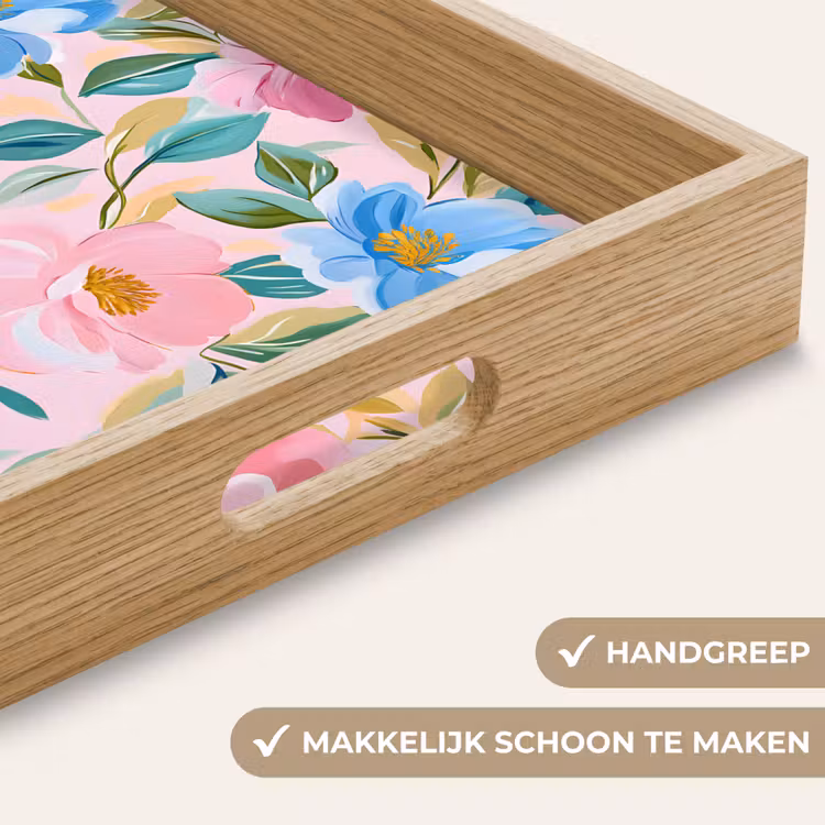 Blauw - Roze - Bloemen Dienblad Rechthoek middel -USP_HandgreepNL