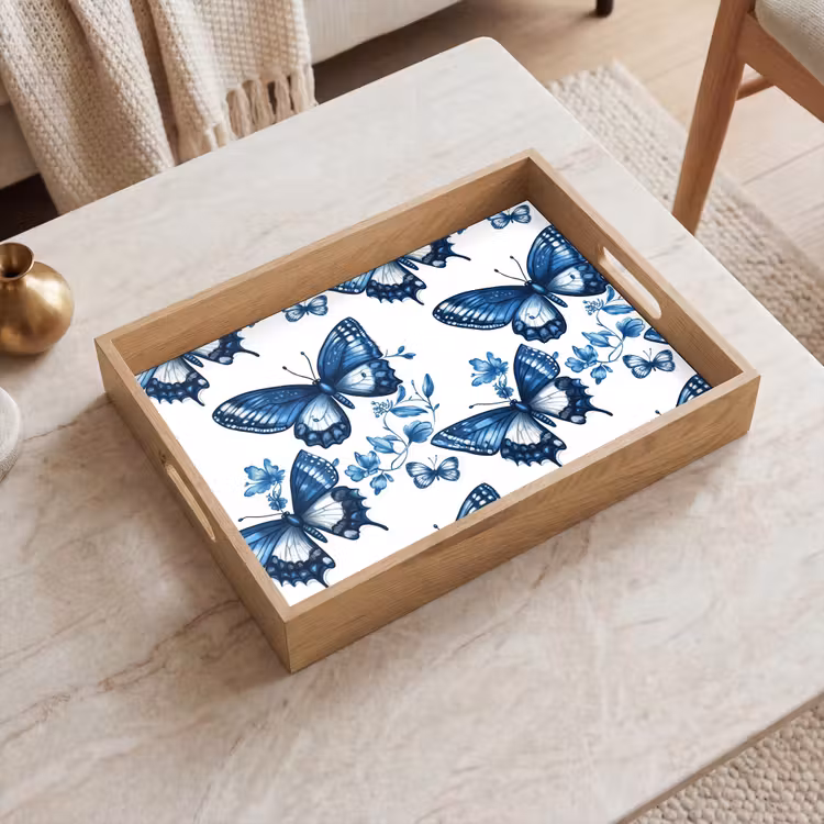 Blauw - Vlinders - Bloemen - Wit Dienblad Rechthoek middel 911 -sfeer1