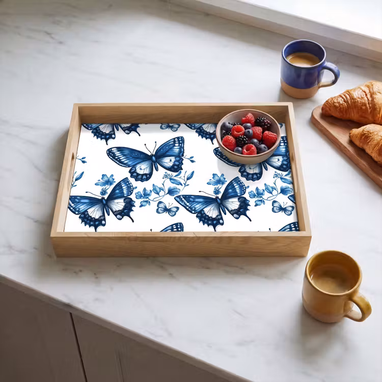 Blauw - Vlinders - Bloemen - Wit Dienblad Rechthoek middel 911 -sfeer2