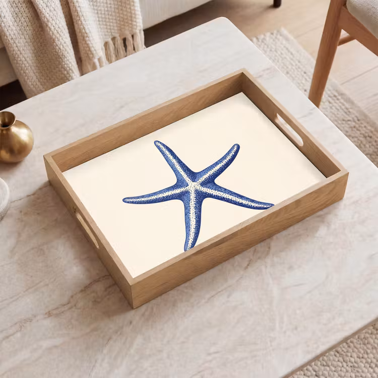 Blauwe zeester - Minimalistisch - Beige Dienblad Rechthoek middel -sfeer1