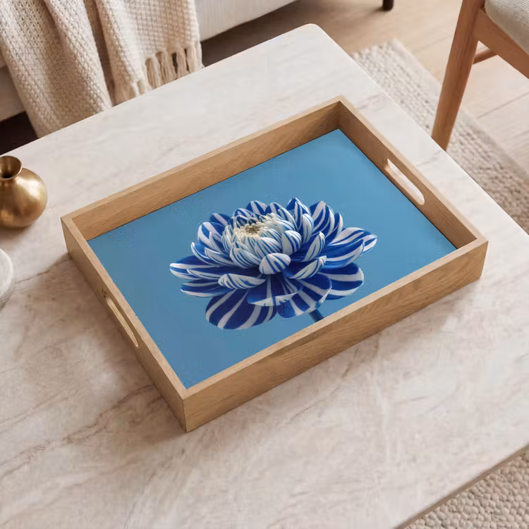 Bloem - Blauw - Bloemblaadjes - Streepjes Dienblad Rechthoek middel -sfeer1
