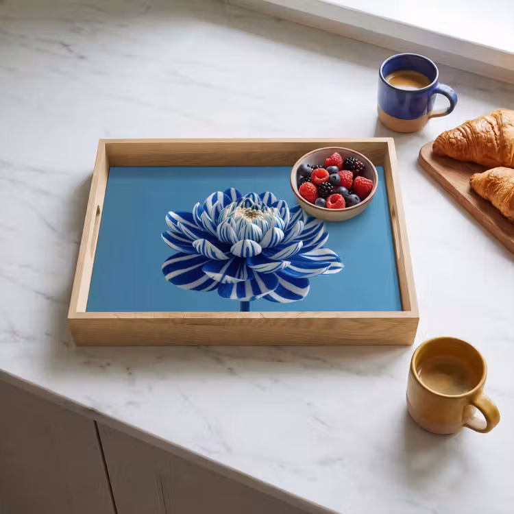 Bloem - Blauw - Bloemblaadjes - Streepjes Dienblad Rechthoek middel -sfeer2