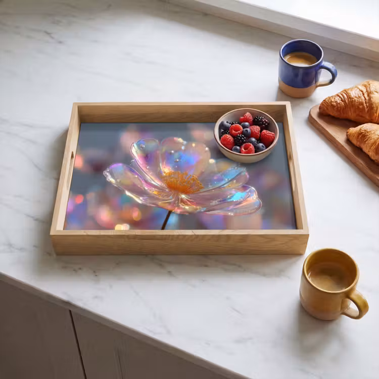 Bloem - Transparant - Pastelkleuren - Druppels Dienblad Rechthoek middel -sfeer2