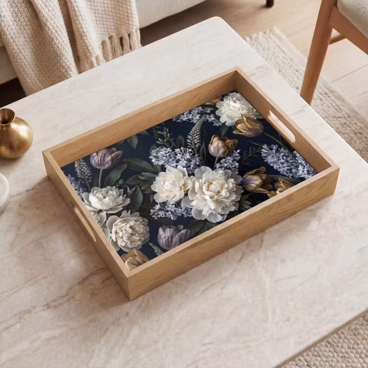 Bloemen - Donker - Elegant - Natuur - Wit Dienblad Rechthoek middel -sfeer1