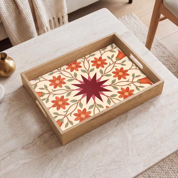 Bloemen - Mandala - Decoratief - Rood Dienblad Rechthoek middel -sfeer1