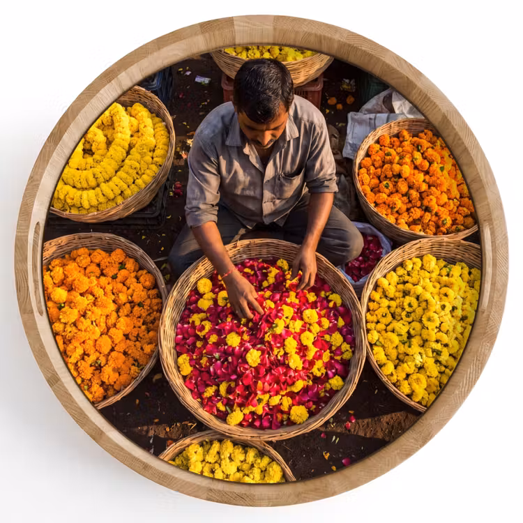 Dienblad - Bloemen - Markt - Kleurrijk - Bloemen - Markt - Kleurrijk Dienblad Rond middel