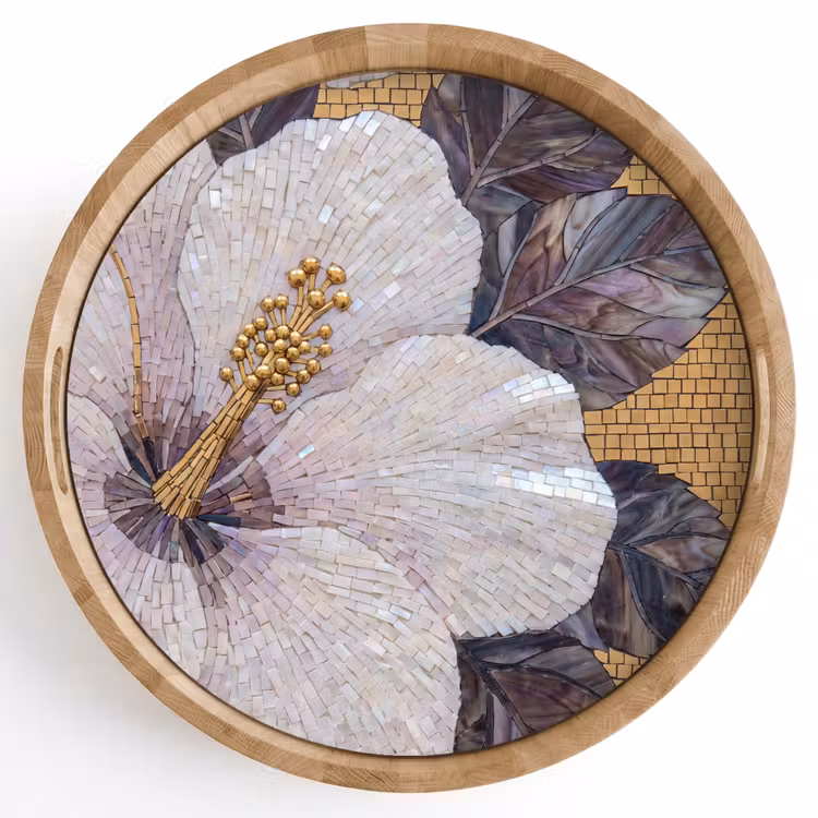 Bloemen - Mozaïek - Kunst - Modern - Goud Dienblad Rond middel -z3d_shopping