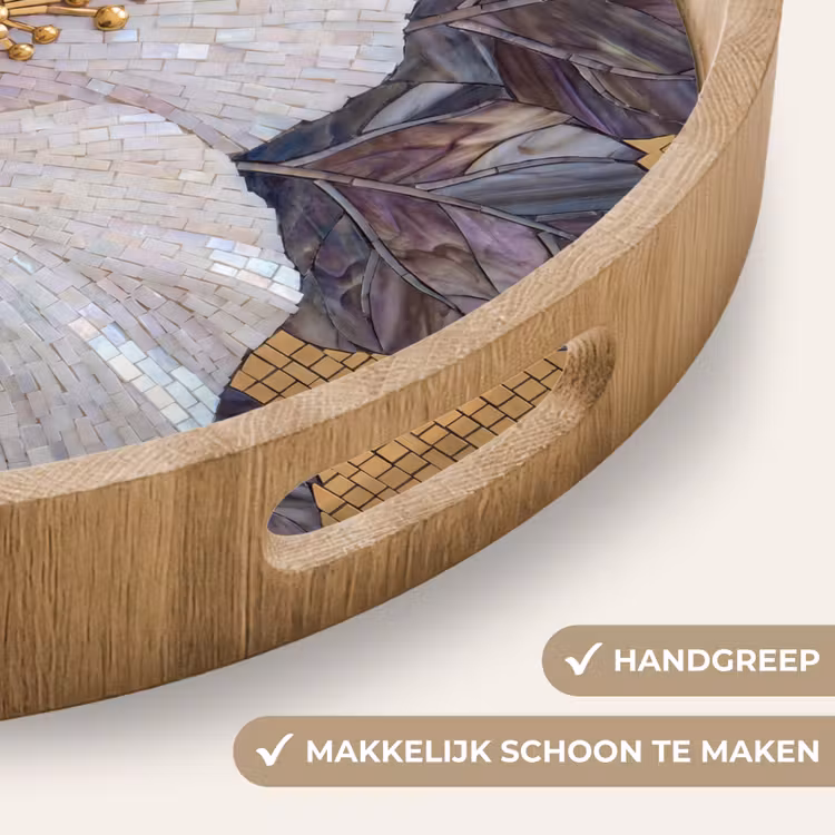 Bloemen - Mozaïek - Kunst - Modern - Goud Dienblad Rond middel -USP_HandgreepNL