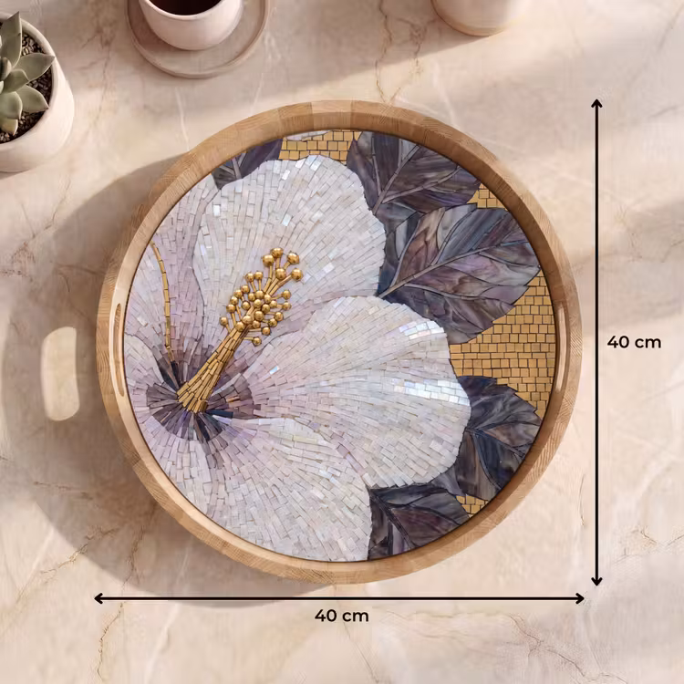 Bloemen - Mozaïek - Kunst - Modern - Goud Dienblad Rond middel -USP_Formaat